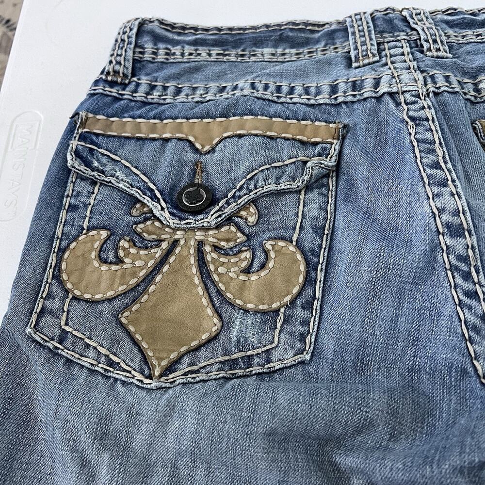 Affliction Mens Jeans Cooper 32 Long Relaxed Boot Cross Patches Blue Wash Y2K LA - Picture 7 of 14